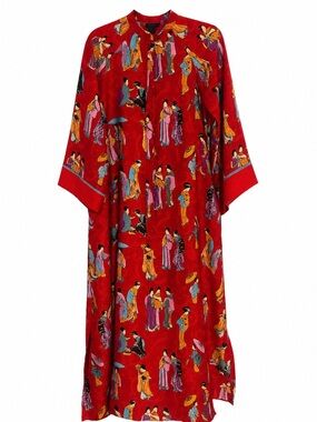 Natori Geisha Print Satin Caftan Robe XS Red Asian Inspo Mandarin Kimono Lounge
